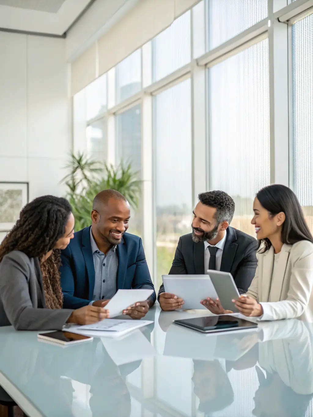 A group of people collaborating on a business plan, symbolizing strategic planning and financial growth potential.
