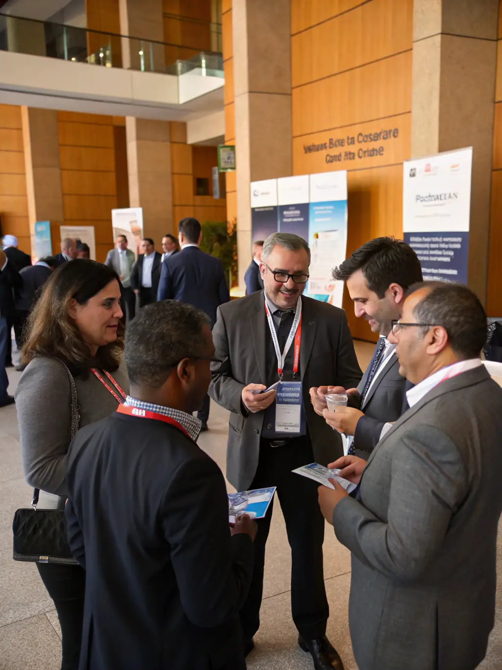 A photograph of a business forum in Manchester, showcasing attendees networking and discussing investment opportunities in the North West region.