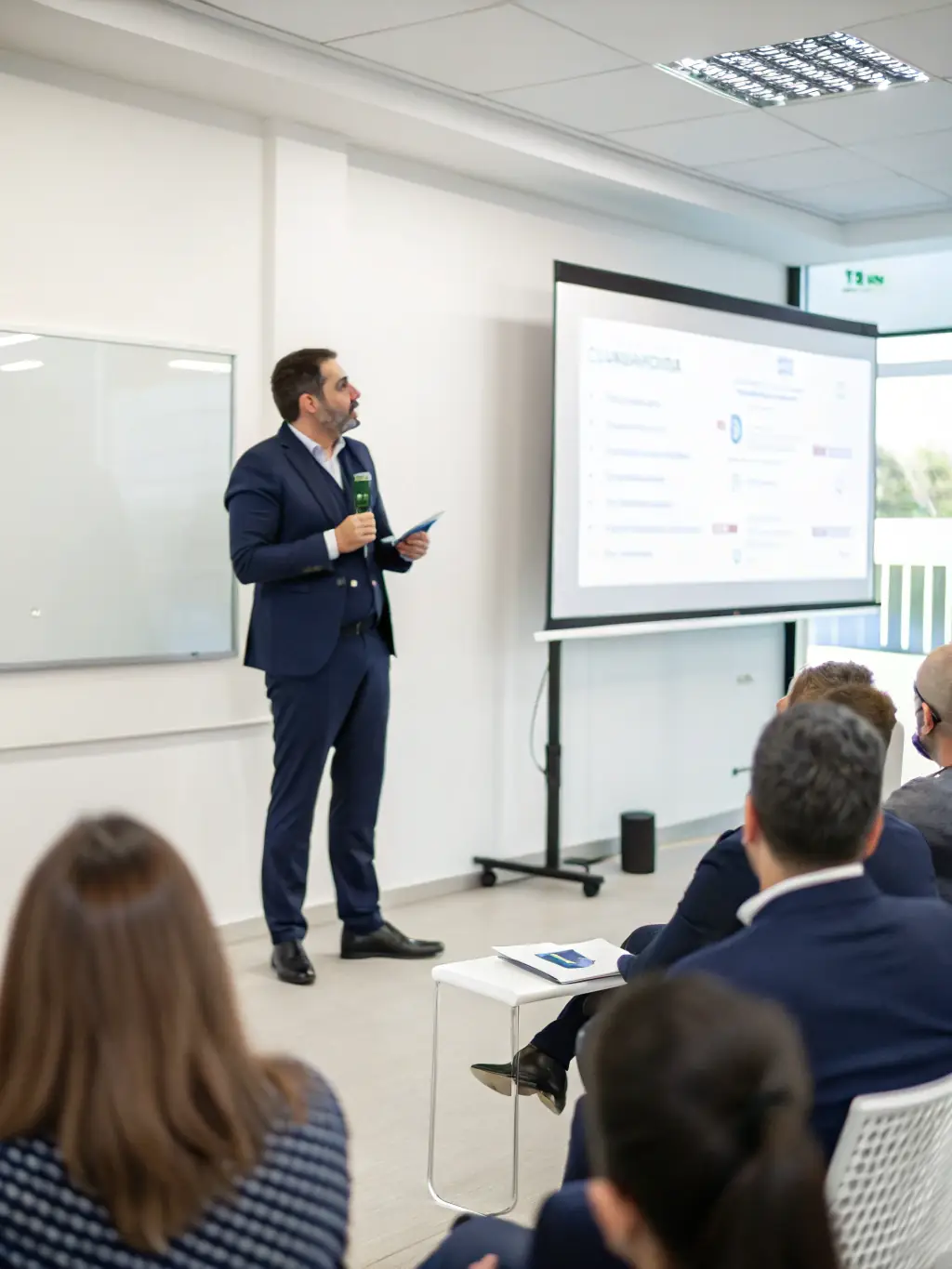 A speaker presenting on stage at a business forum, with attendees listening attentively, highlighting the knowledge-sharing aspect of the event.