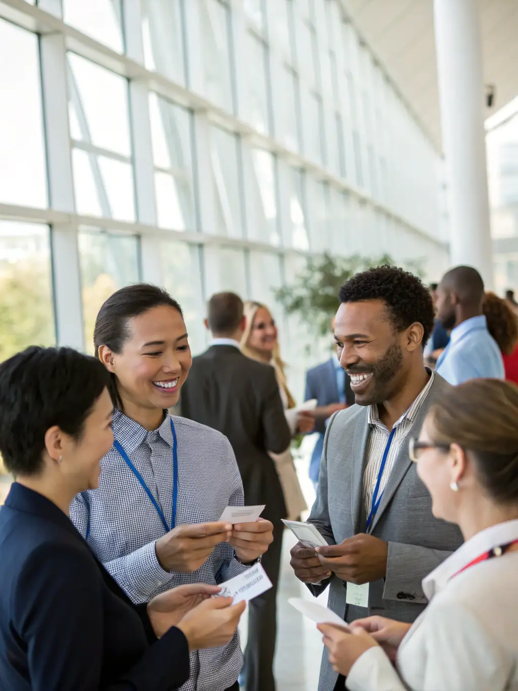 A diverse group of professionals networking at a regional business forum, exchanging business cards and engaging in conversation, showcasing the networking opportunities.
